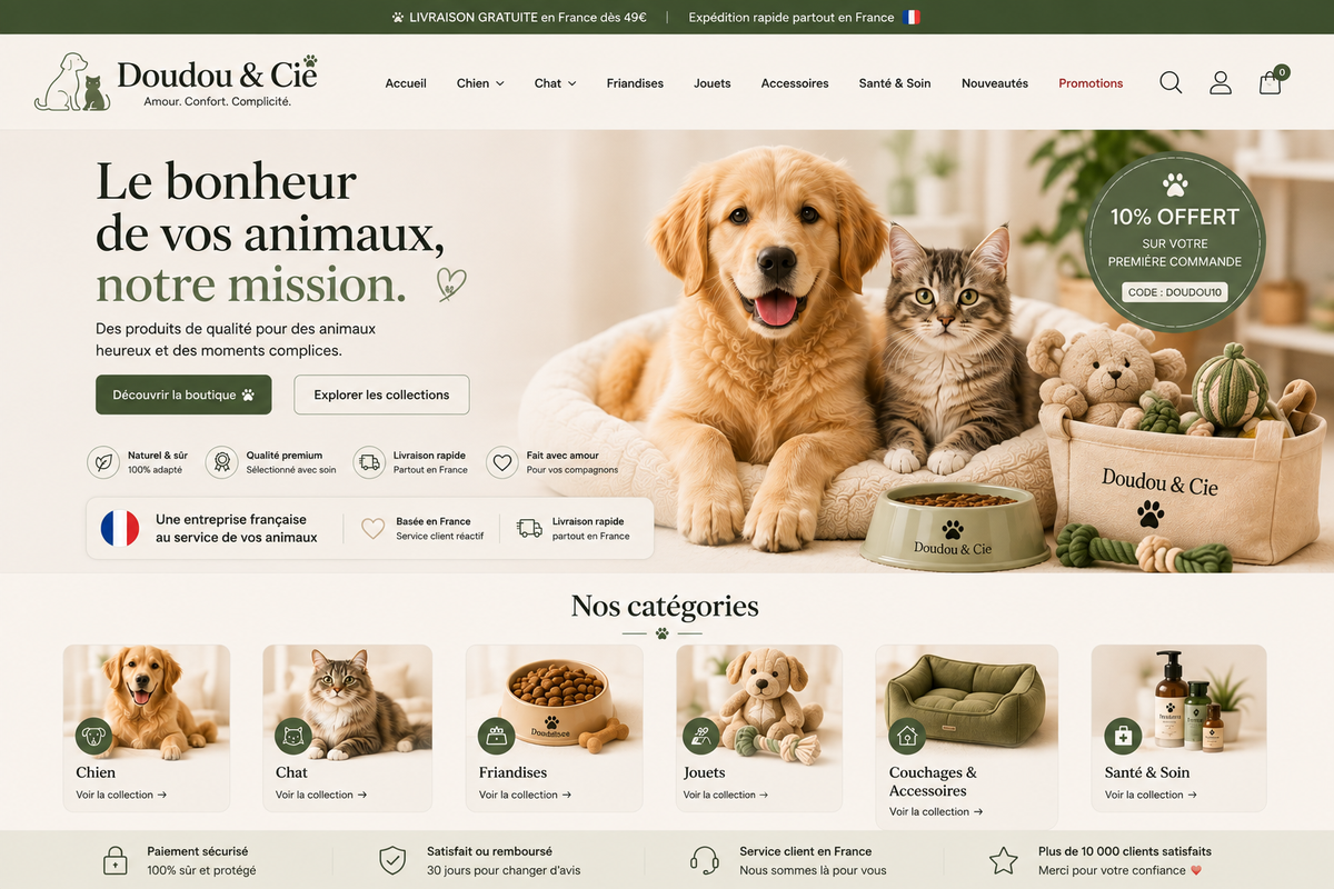 bannière doudou & Cie - chien et chat installés confortablement dans un panier douillet, accessoires et produits de confort pour animaux 